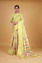 Yellow Cotton Silk Digital Printed Saree With Unstitched Blouse Piece - Alisha