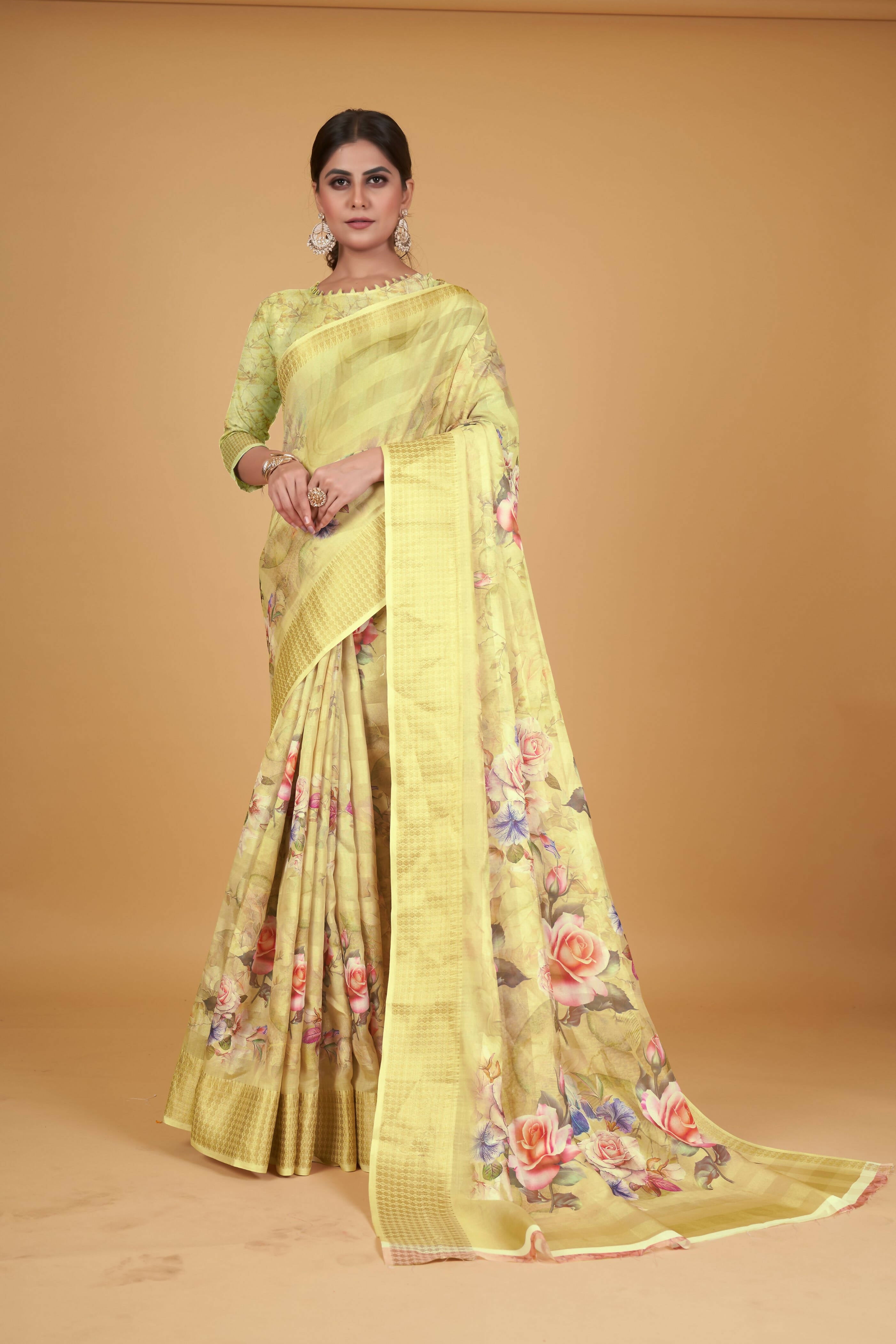 Yellow Cotton Silk Digital Printed Saree With Unstitched Blouse Piece - Alisha