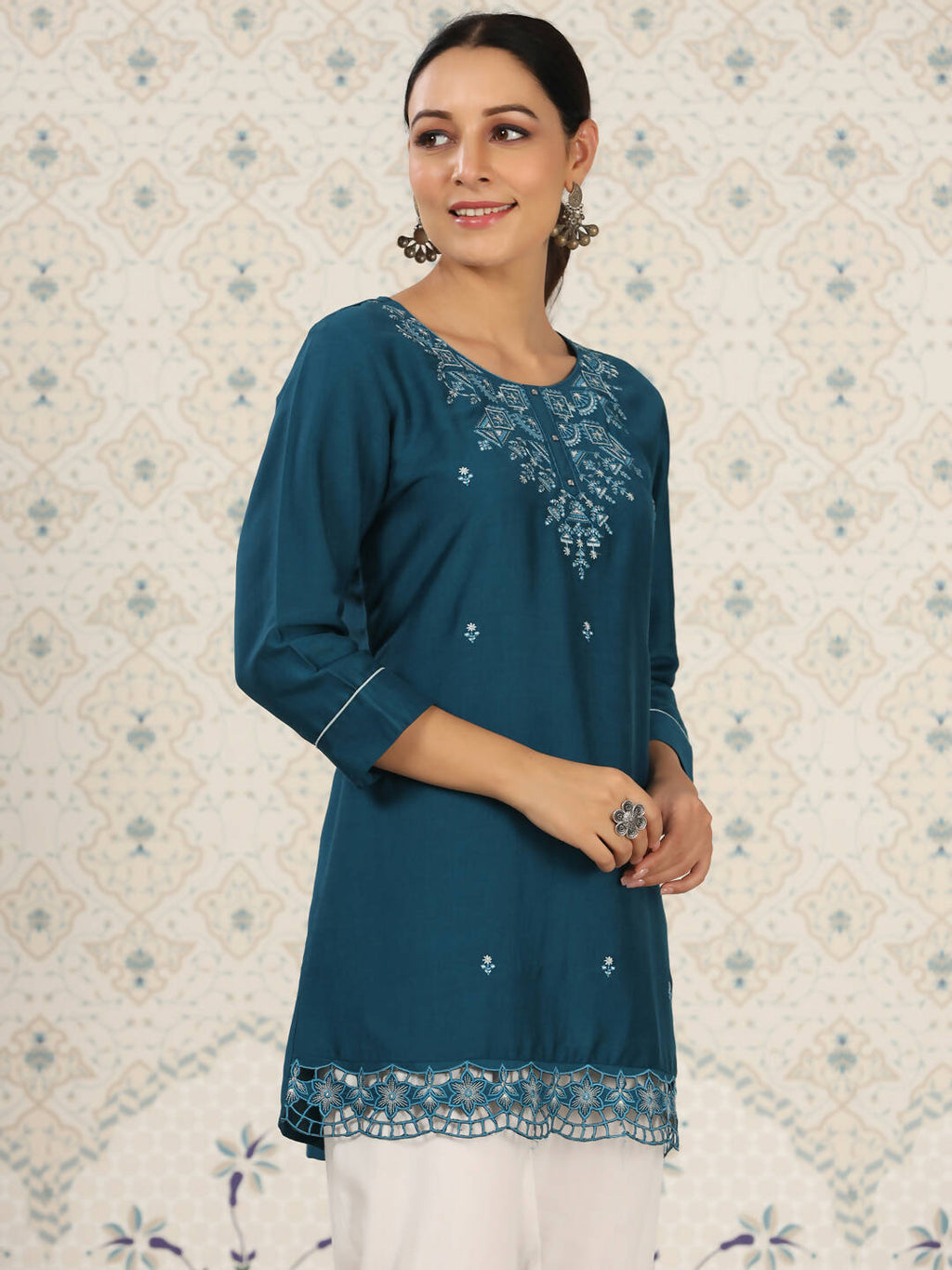 Teal Chinon Embroidered Straight Top - Zeny