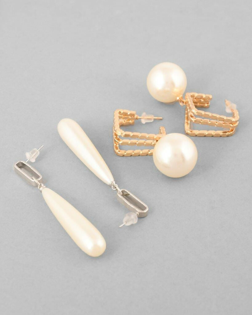 VOJ Set Of 2 Korean Drop Earrings - Gold Plated and Silver Plated With White Pearl - Distacart