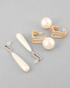 VOJ Set Of 2 Korean Drop Earrings - Gold Plated and Silver Plated With White Pearl - Distacart