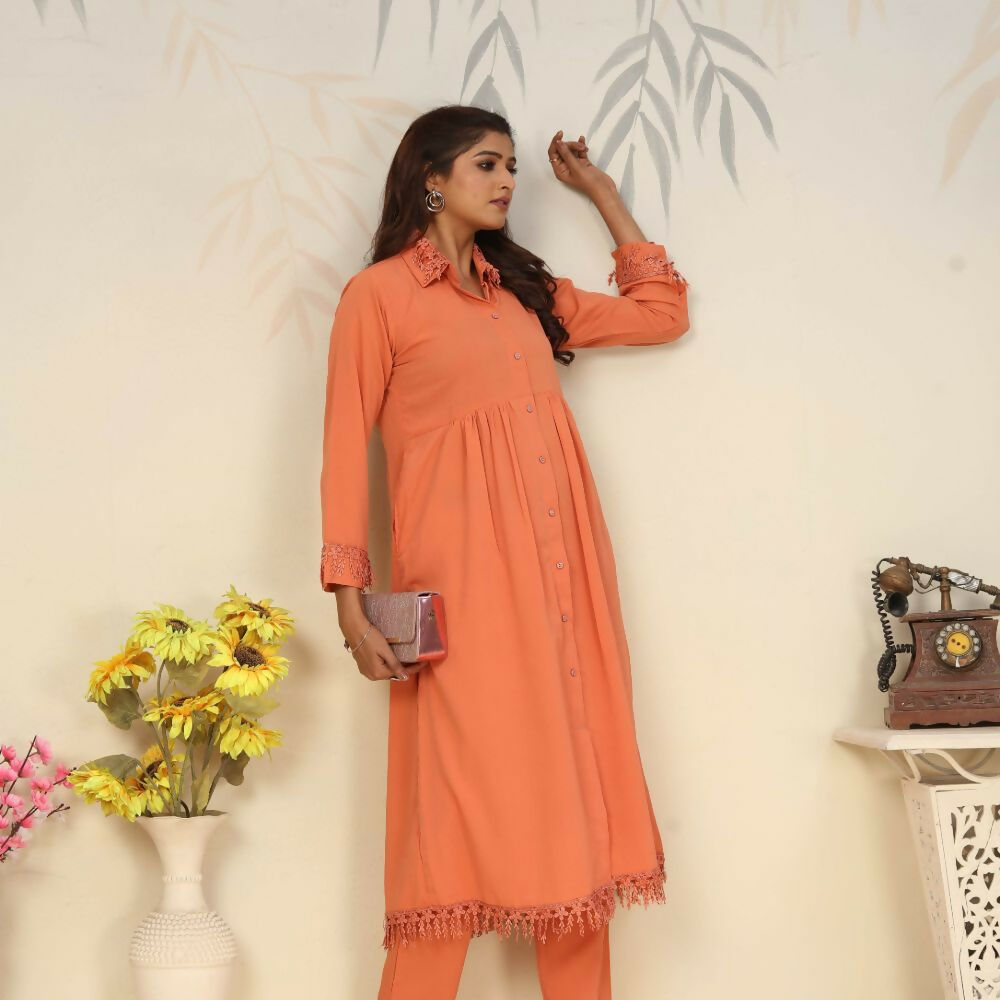 Jyoti Fashion Women's Orange Rinkal Cotton Plain with Side Pocket Kurtis & Sets