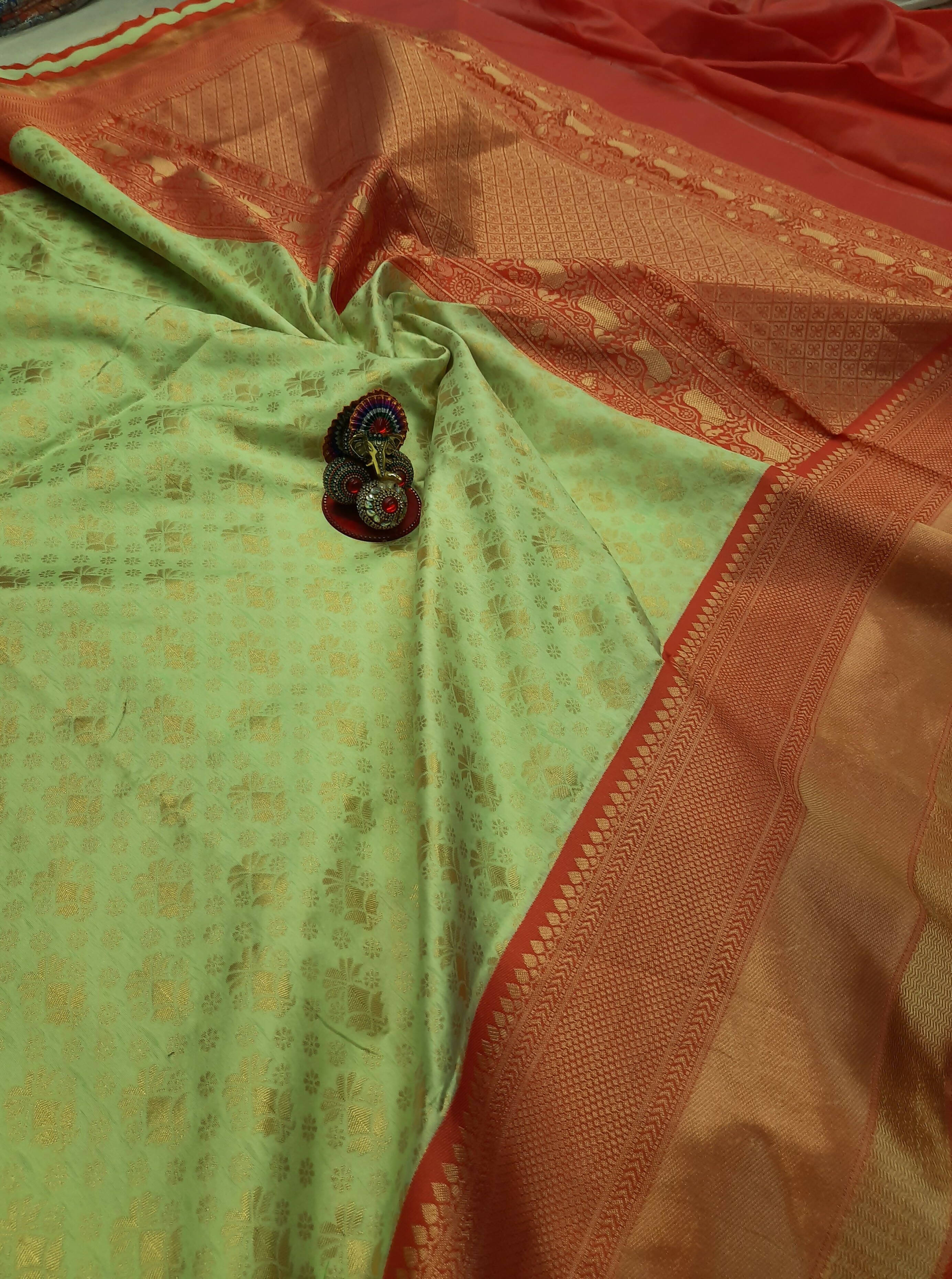 DEIANA'S Beautiful Designer Golden zari Soft Lichi Silk Saree - Pista
