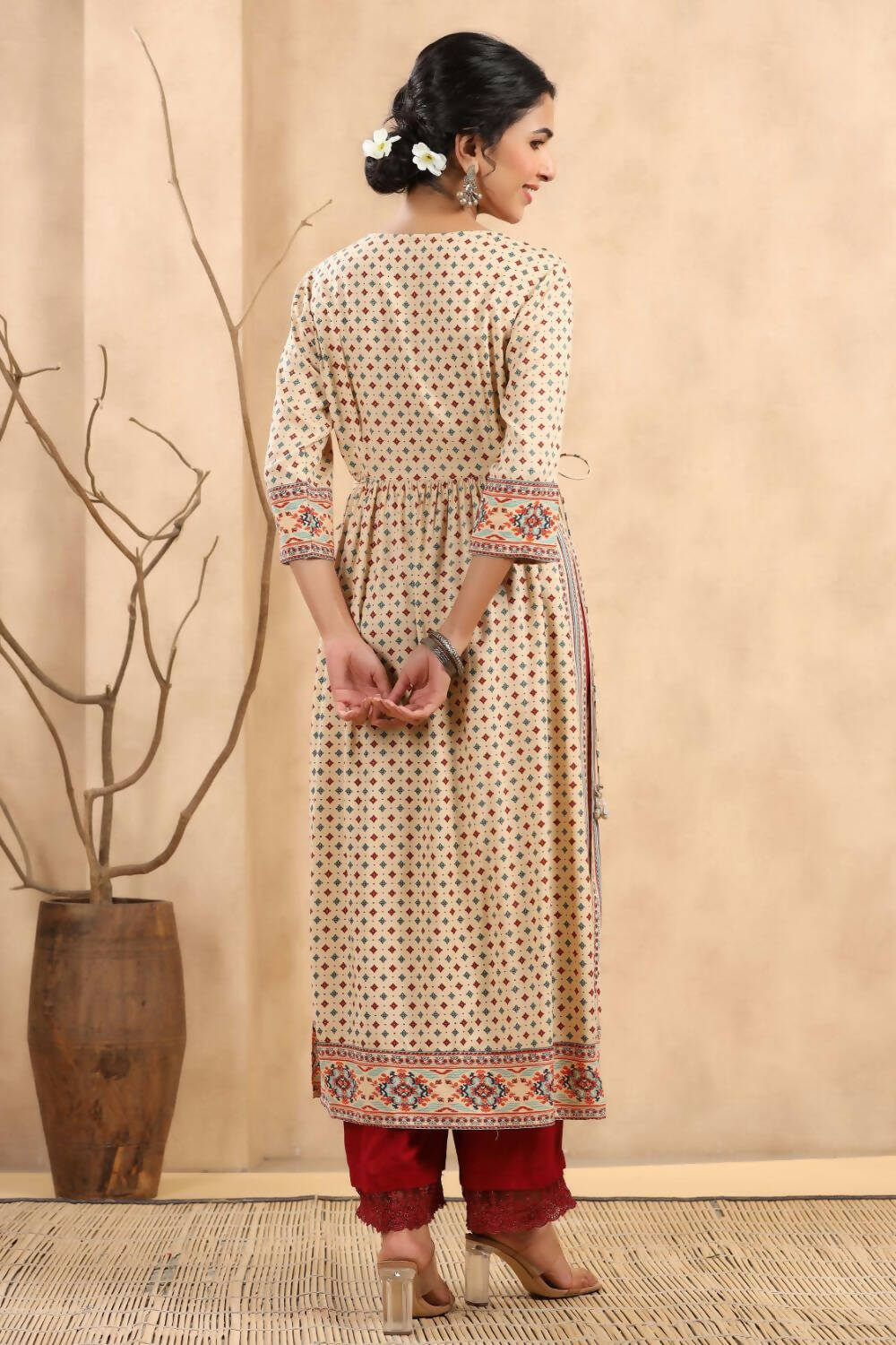 Juniper Women's Beige Rayon Printed Embroidered Straight Kurta - Distacart
