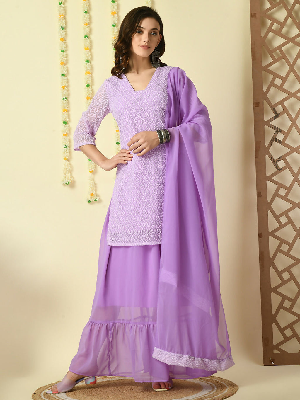 Myshka Women's Purple Georgette Kurti & Skirt With Dupatta Party Sets