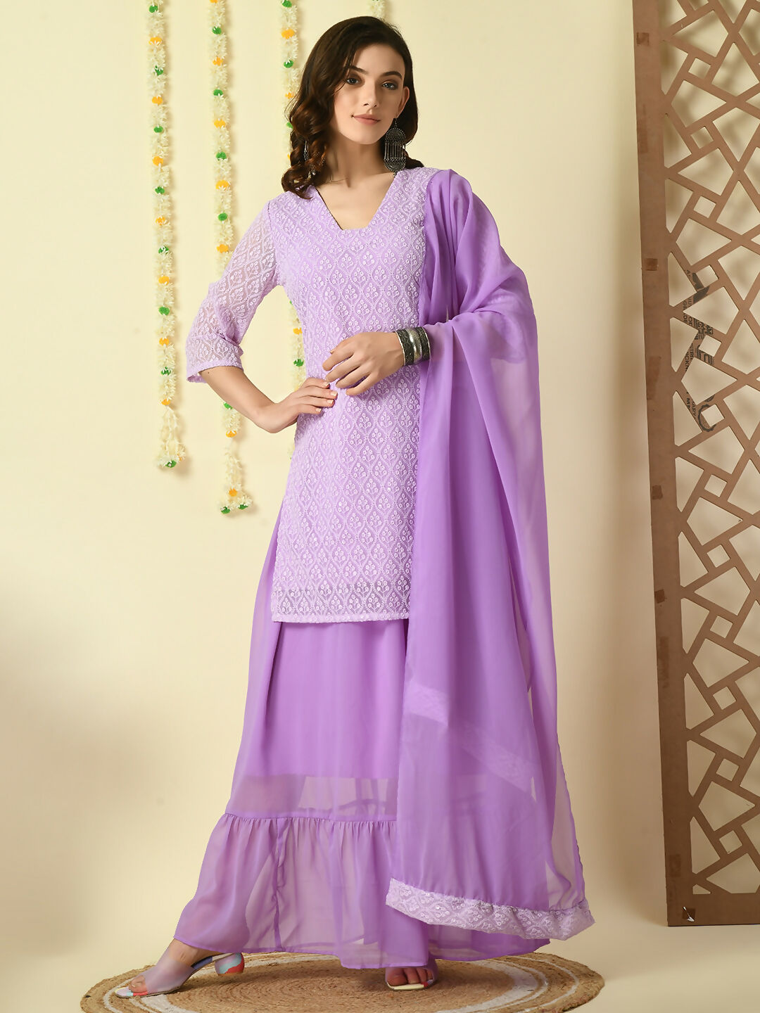 Myshka Women's Purple Georgette Kurti & Skirt With Dupatta Party Sets