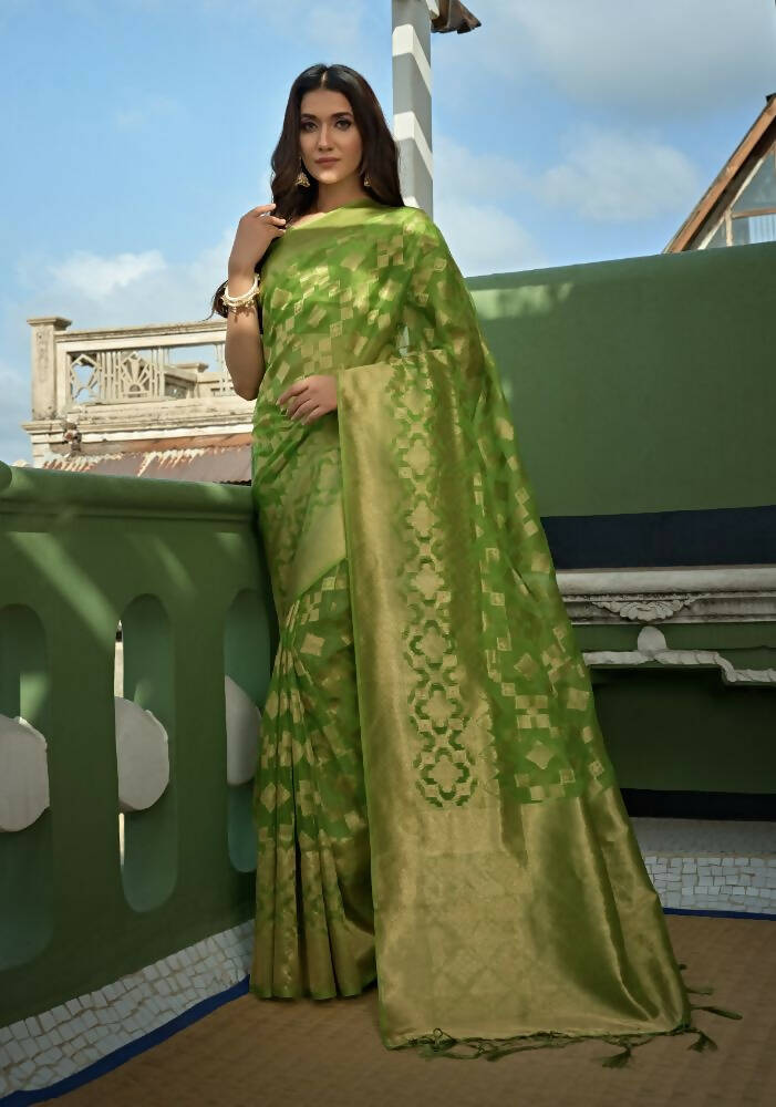 Glamorous Designer Parrot Green Color Organza Silk Saree With Weaving Work - Yomika Fashions