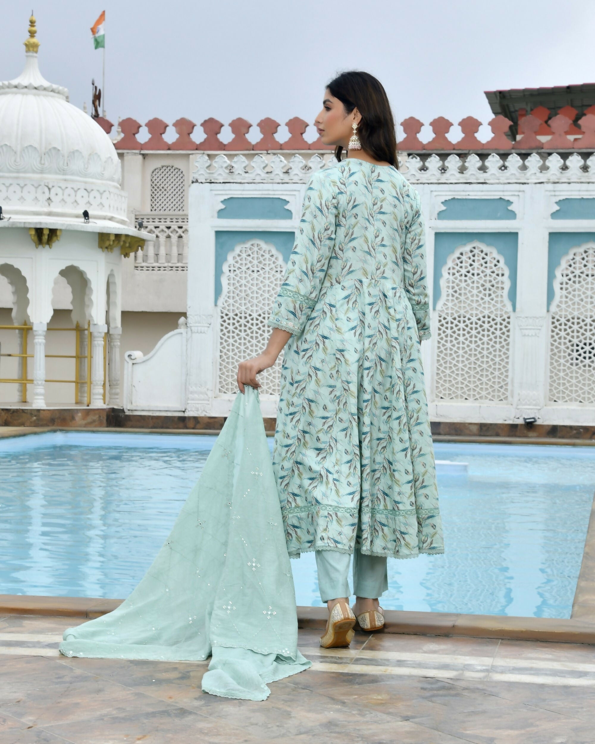 Vaasva Women's Sky Blue Cotton Anarkali Set With Solid Pant And Embroidered Dupatta