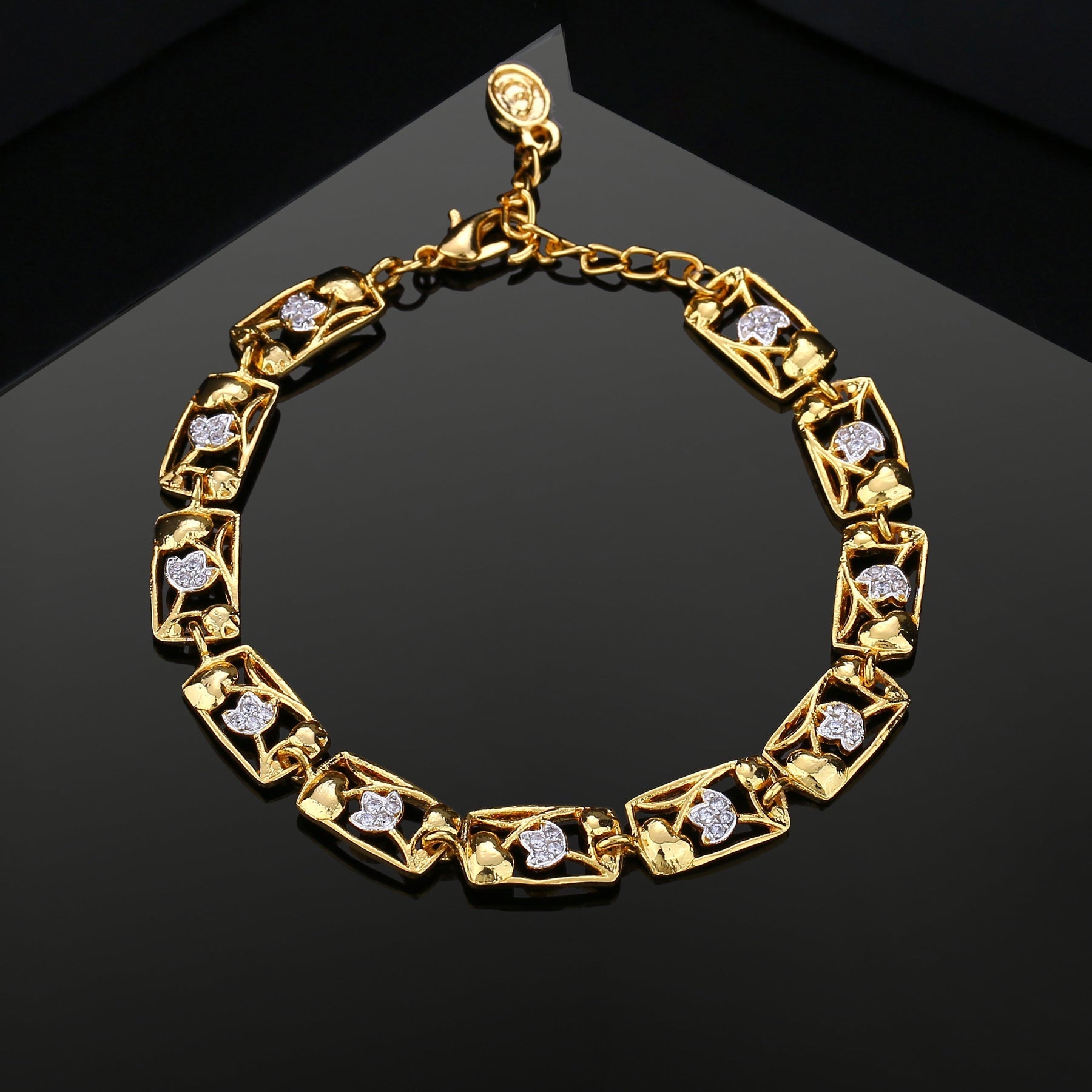 Estele Gold-Polished Latest Trendy Sqaure Pattern Charm Bracelet with White Crystals for Women - Distacart