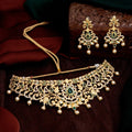 Estele Gold-Polished CZ Magnificent Bridal Choker Necklace Set with Green Stones & Pearls for Women