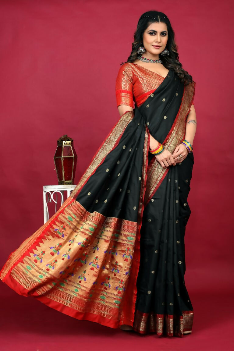 Jyoti Fashion Women's Black Paithani Silk Zari Woven Saree with Blouse