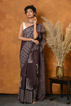 Very Much Indian Handblock Printed Cotton Saree With Natural Dyes - Brown - Distacart