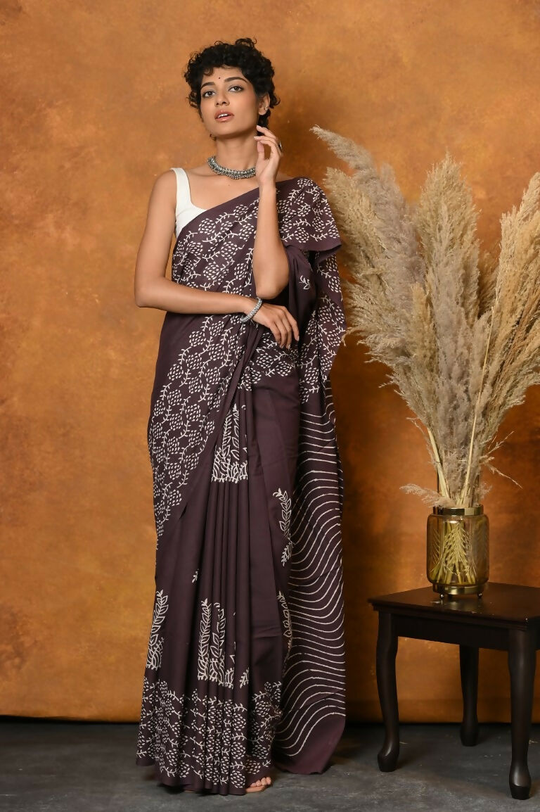Very Much Indian Handblock Printed Cotton Saree With Natural Dyes - Brown - Distacart