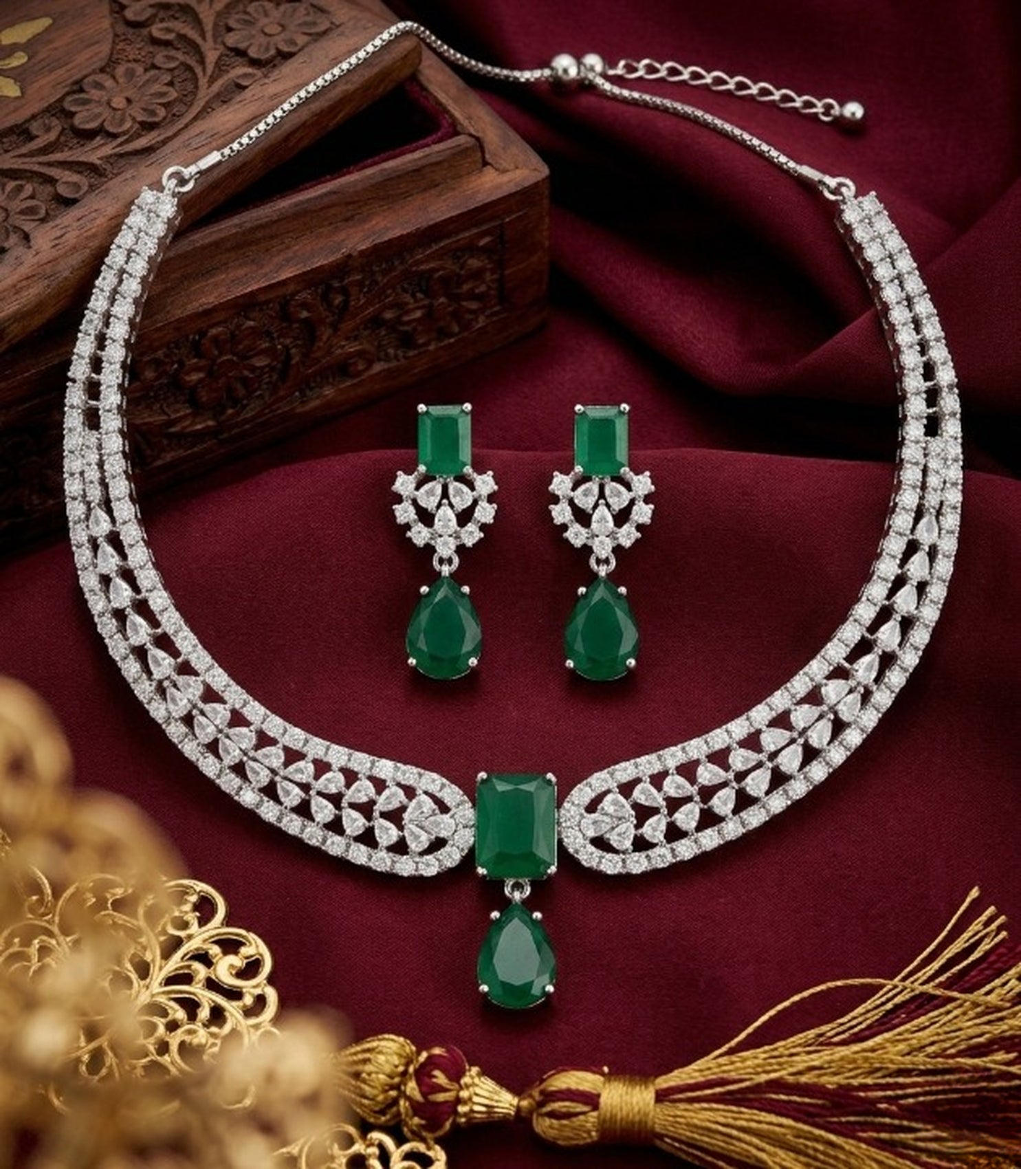 Jewel City Stunning CZ Diamond American Diamond Necklace Set with Drop Earrings - Bridal, Wedding, Party Wear - Distacart
