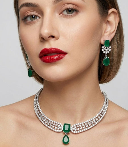 Jewel City Stunning CZ Diamond American Diamond Necklace Set with Drop Earrings - Bridal, Wedding, Party Wear