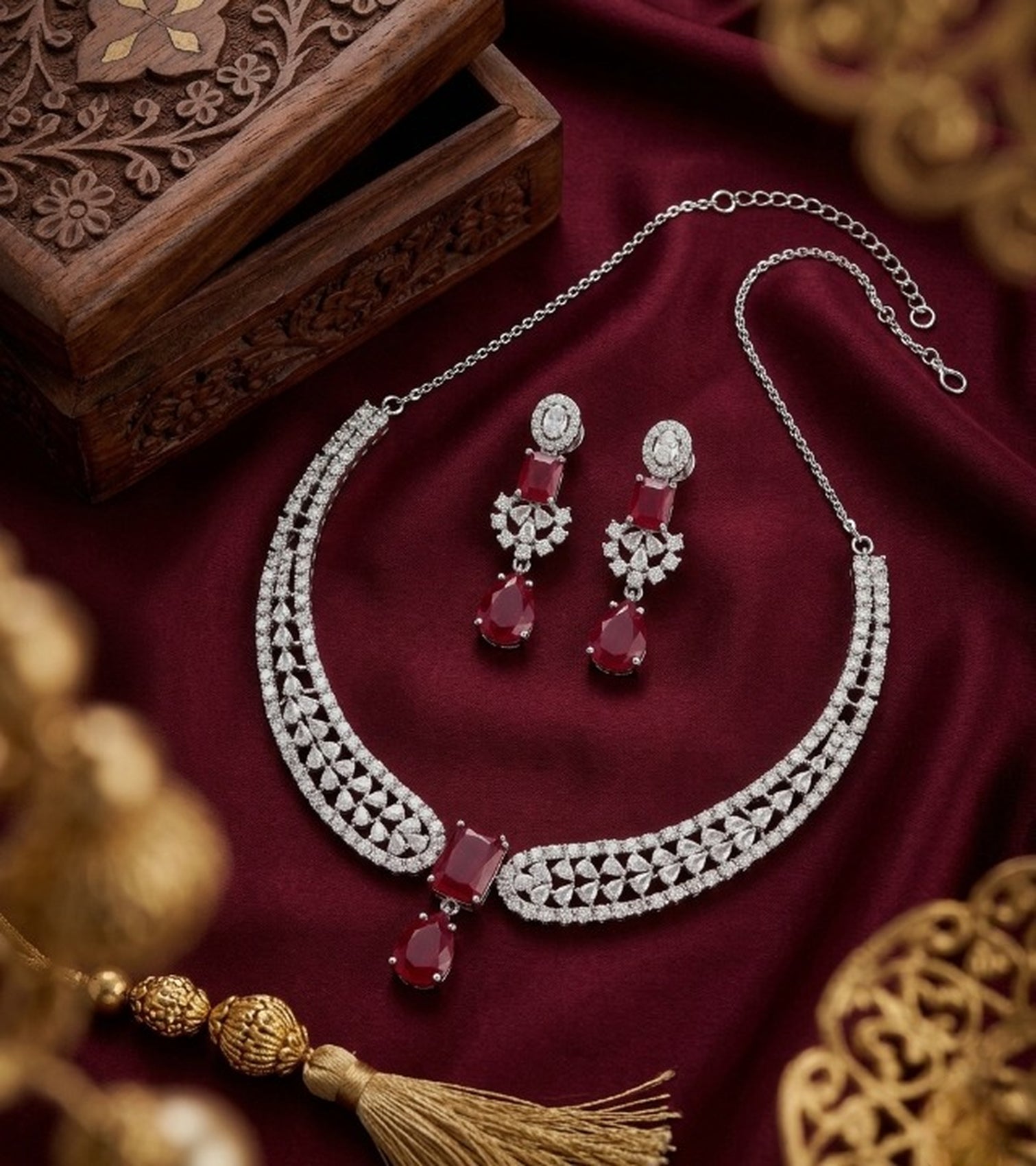 Jewel City Stunning CZ Diamond American Diamond Necklace Set with Drop Earrings - Bridal, Wedding, Party Wear - Distacart