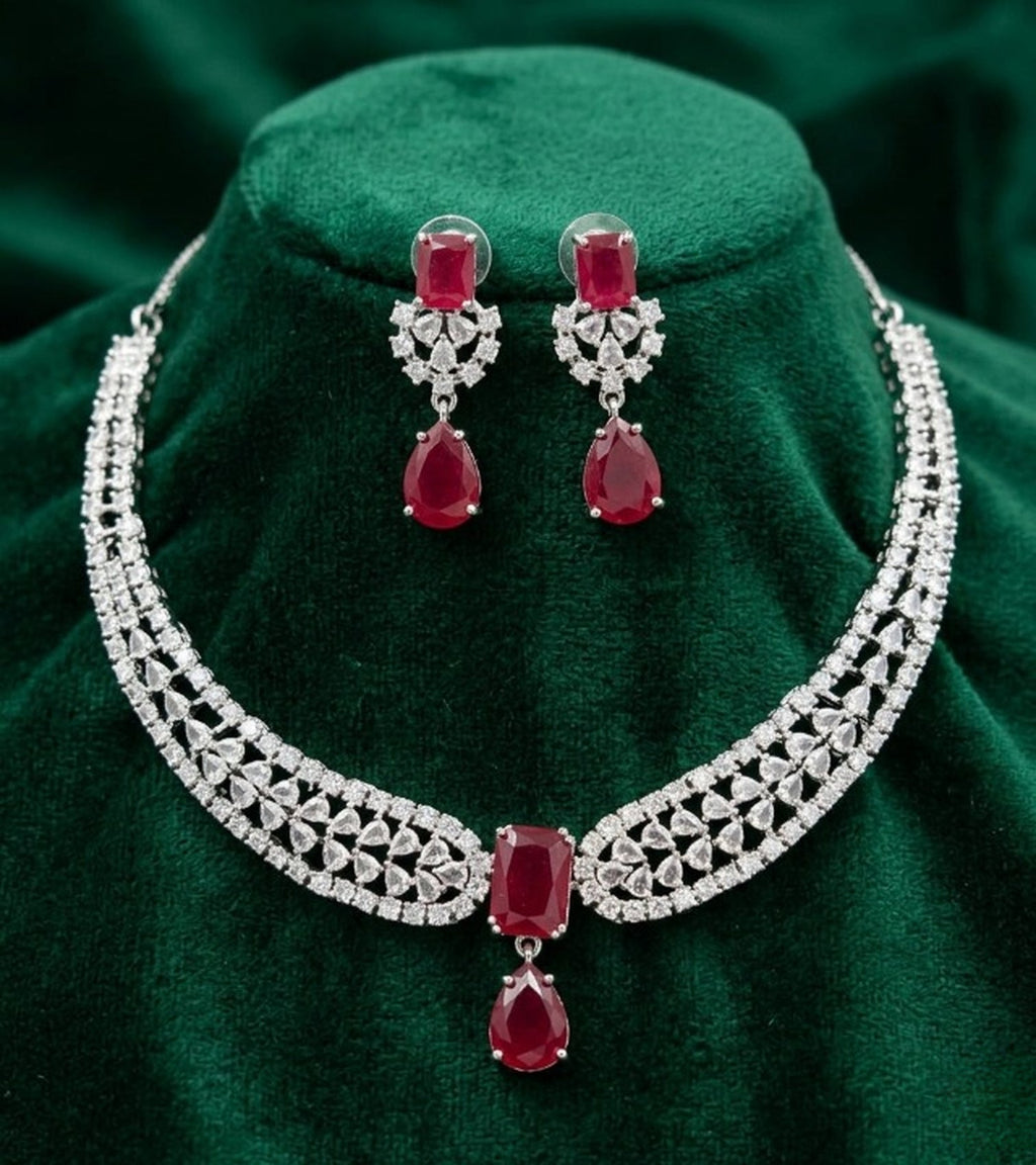 Jewel City Stunning CZ Diamond American Diamond Necklace Set with Drop Earrings - Bridal, Wedding, Party Wear - Distacart