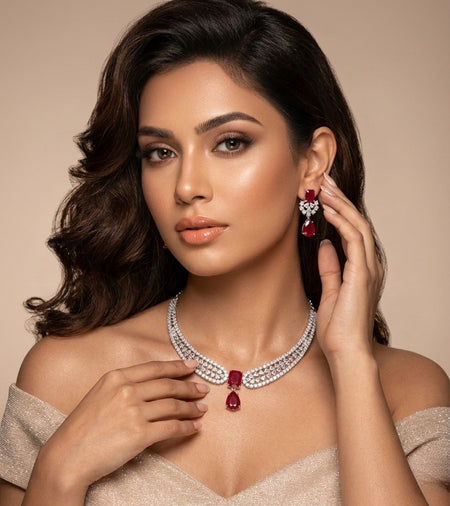Jewel City Stunning CZ Diamond American Diamond Necklace Set with Drop Earrings - Bridal, Wedding, Party Wear