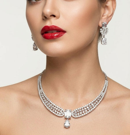 Jewel City Stunning CZ Diamond American Diamond Necklace Set with Drop Earrings - Bridal, Wedding, Party Wear