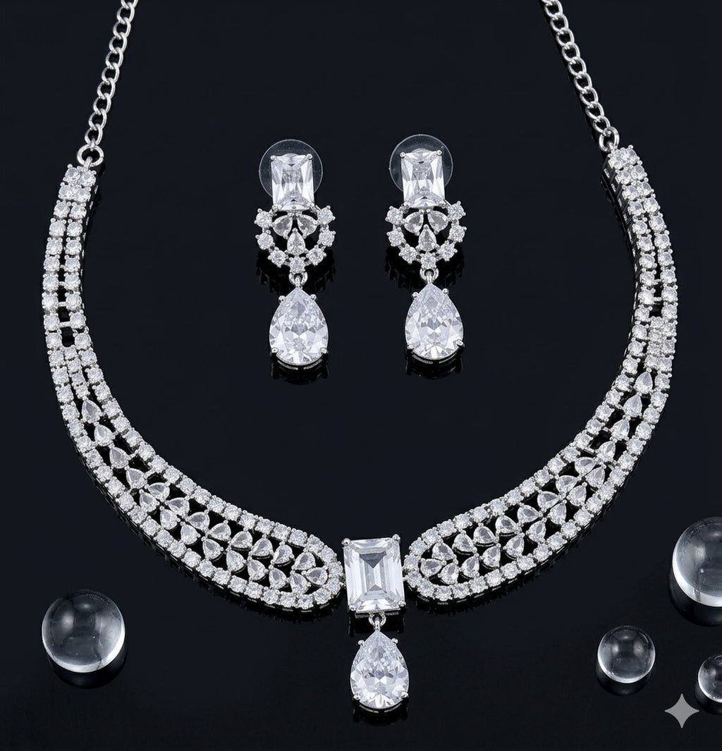 Jewel City Stunning CZ Diamond American Diamond Necklace Set with Drop Earrings - Bridal, Wedding, Party Wear - Distacart