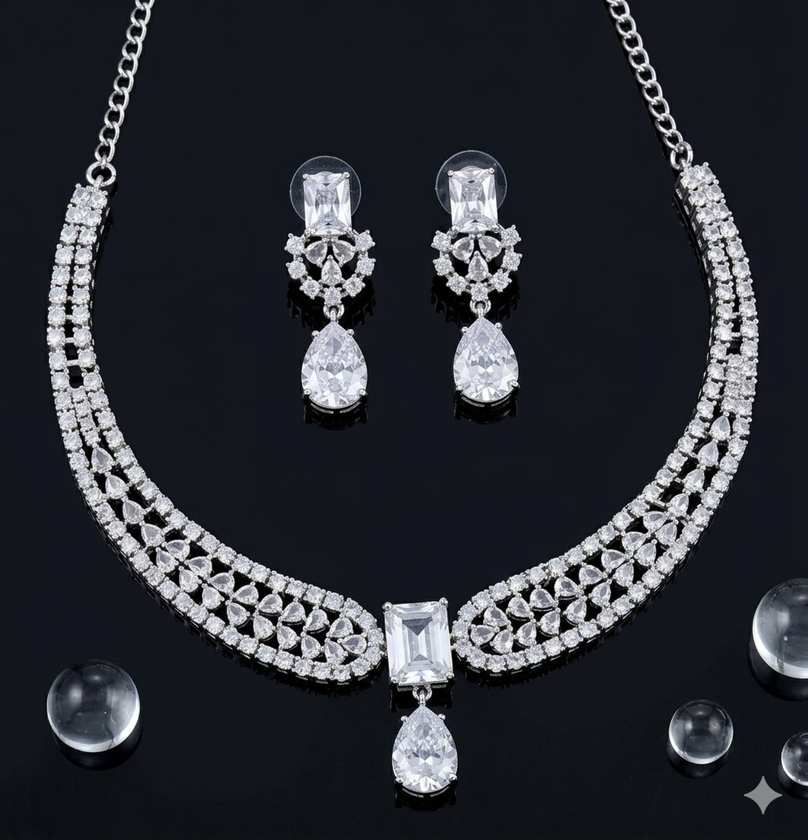 Jewel City Stunning CZ Diamond American Diamond Necklace Set with Drop Earrings - Bridal, Wedding, Party Wear - Distacart