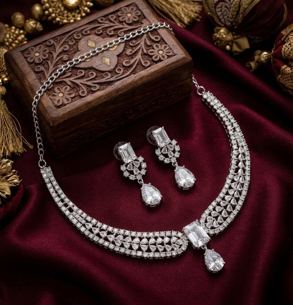 Jewel City Stunning CZ Diamond American Diamond Necklace Set with Drop Earrings - Bridal, Wedding, Party Wear - Distacart
