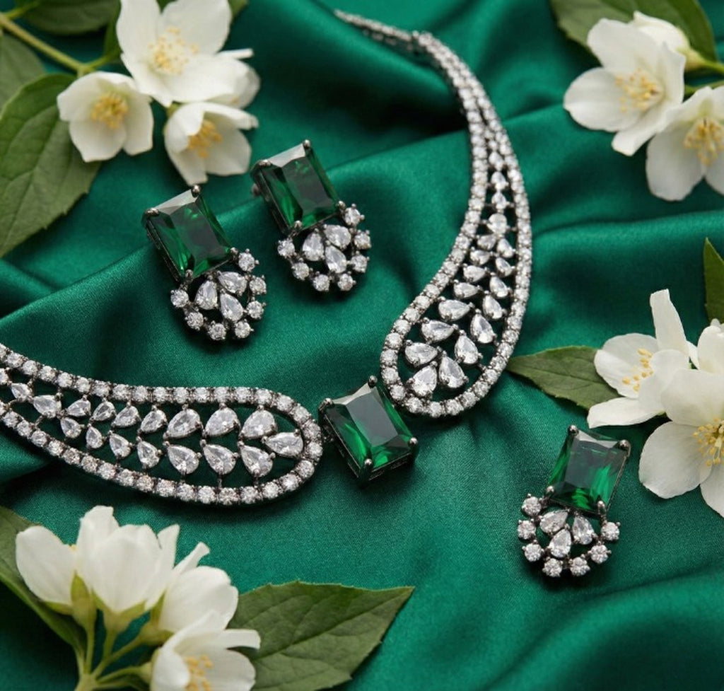 Jewel City Stunning Green American Diamond Necklace Set