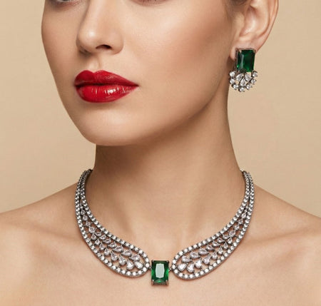 Jewel City Stunning Green American Diamond Necklace Set