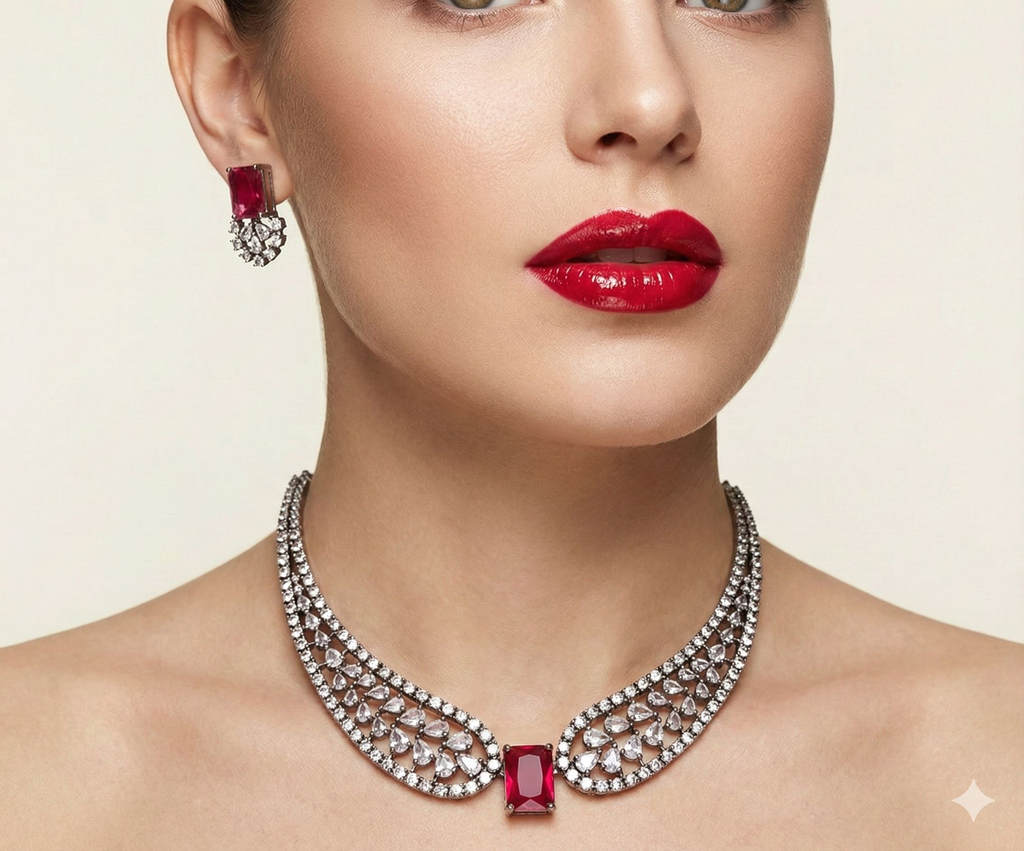 Jewel City Party Wear Red American Diamond Necklace Set