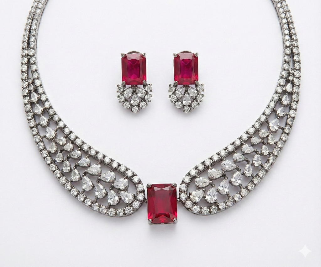 Jewel City Party Wear Red American Diamond Necklace Set