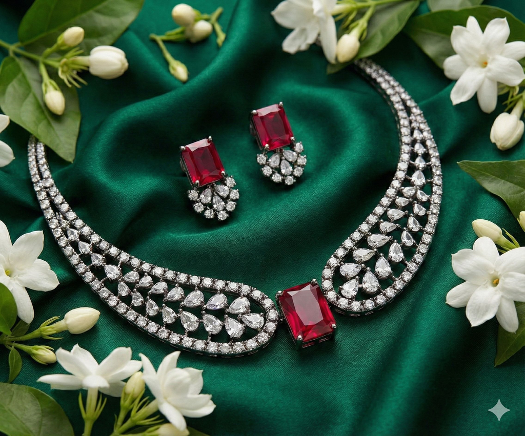 Jewel City Party Wear Red American Diamond Necklace Set