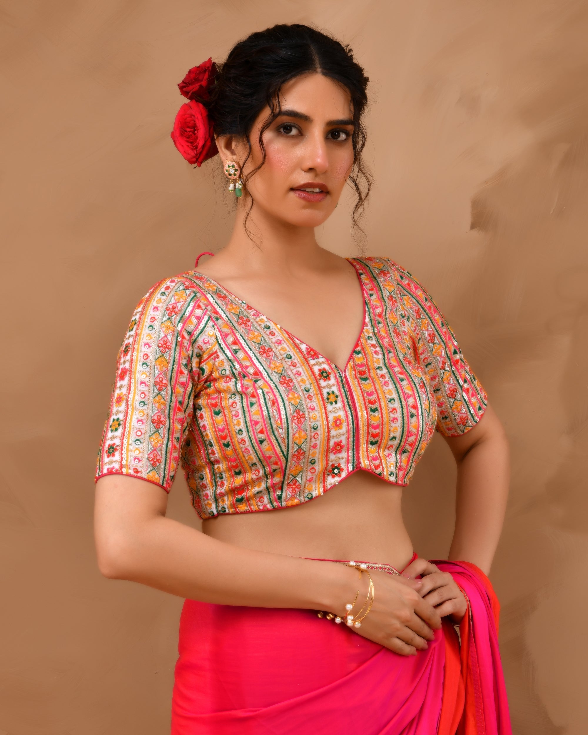 Amodini Designer Studio Women's Multicolored Embroidered Blouse with sleeves - Distacart