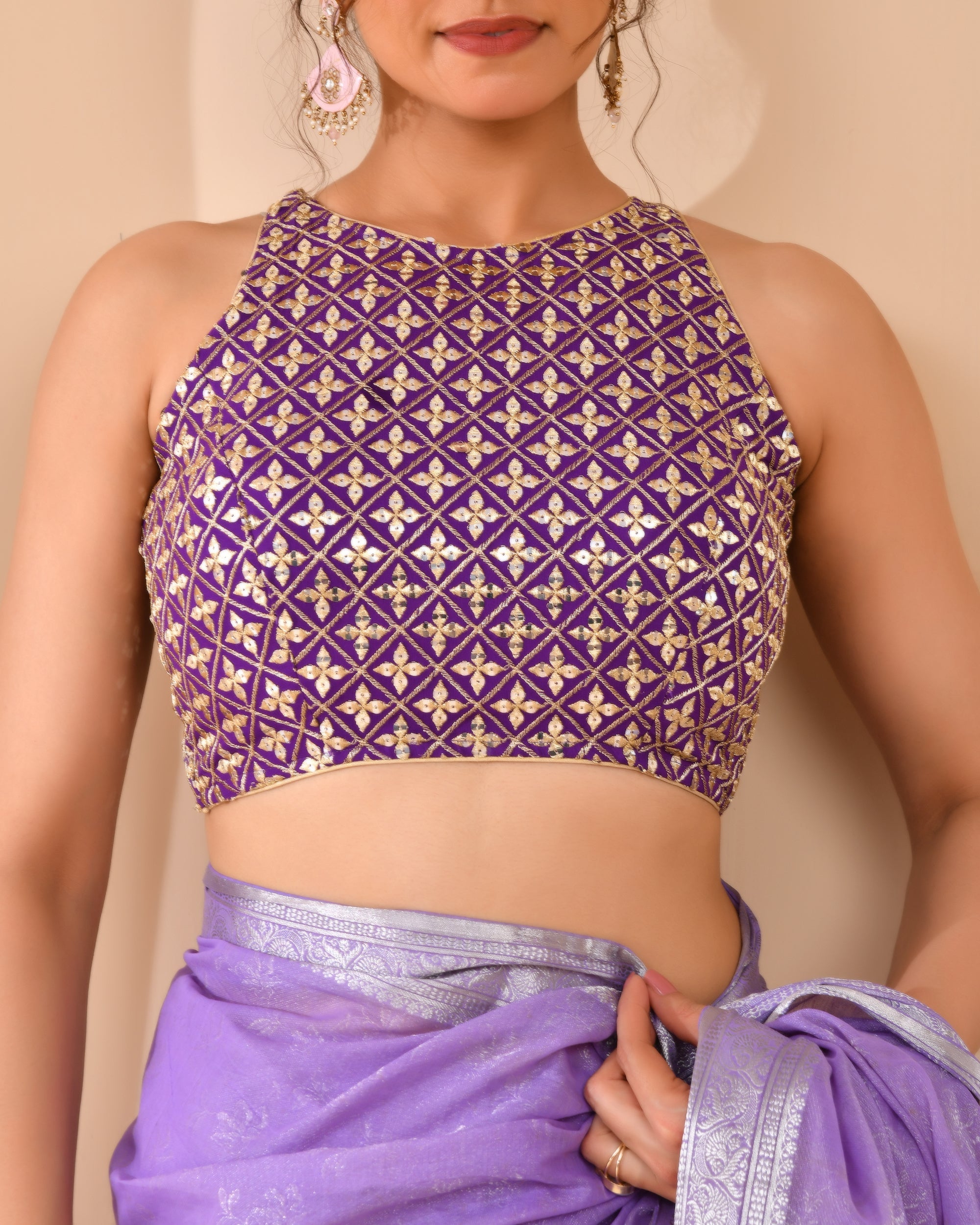 Amodini Designer Studio Women's Mirror Work High Neck Purple Blouse - Distacart