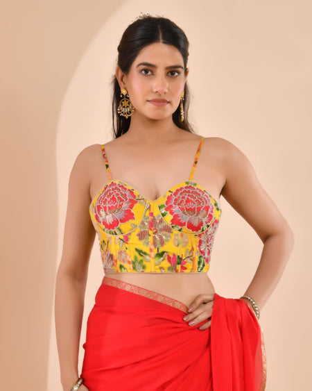 Amodini Designer Studio Women's Organza Floral Handwork Corset Style Yellow Blouse