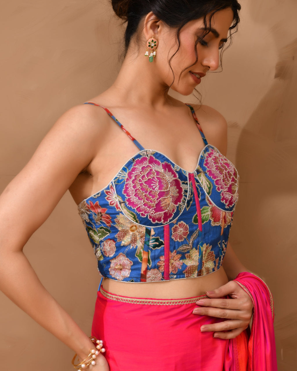 Amodini Designer Studio Women's Organza Floral Handwork Corset Style Blue Blouse - Distacart