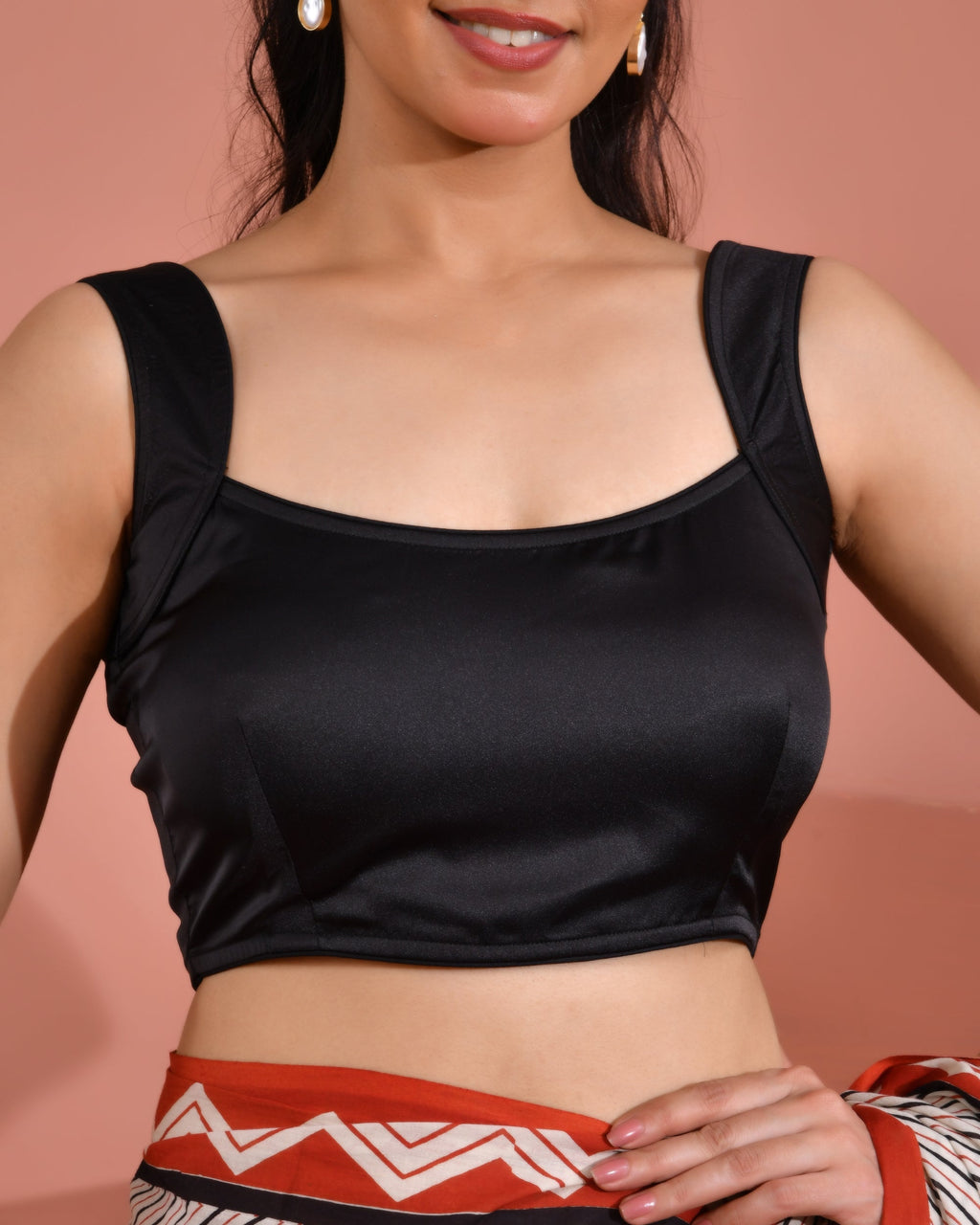 Amodini Designer Studio Women's Round Neck Satin Black Solid Blouse - Distacart