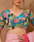 Amodini Designer Studio Women's Blue Sequined Zari Multicolored Postion Print Blouse with Sleeves - Distacart