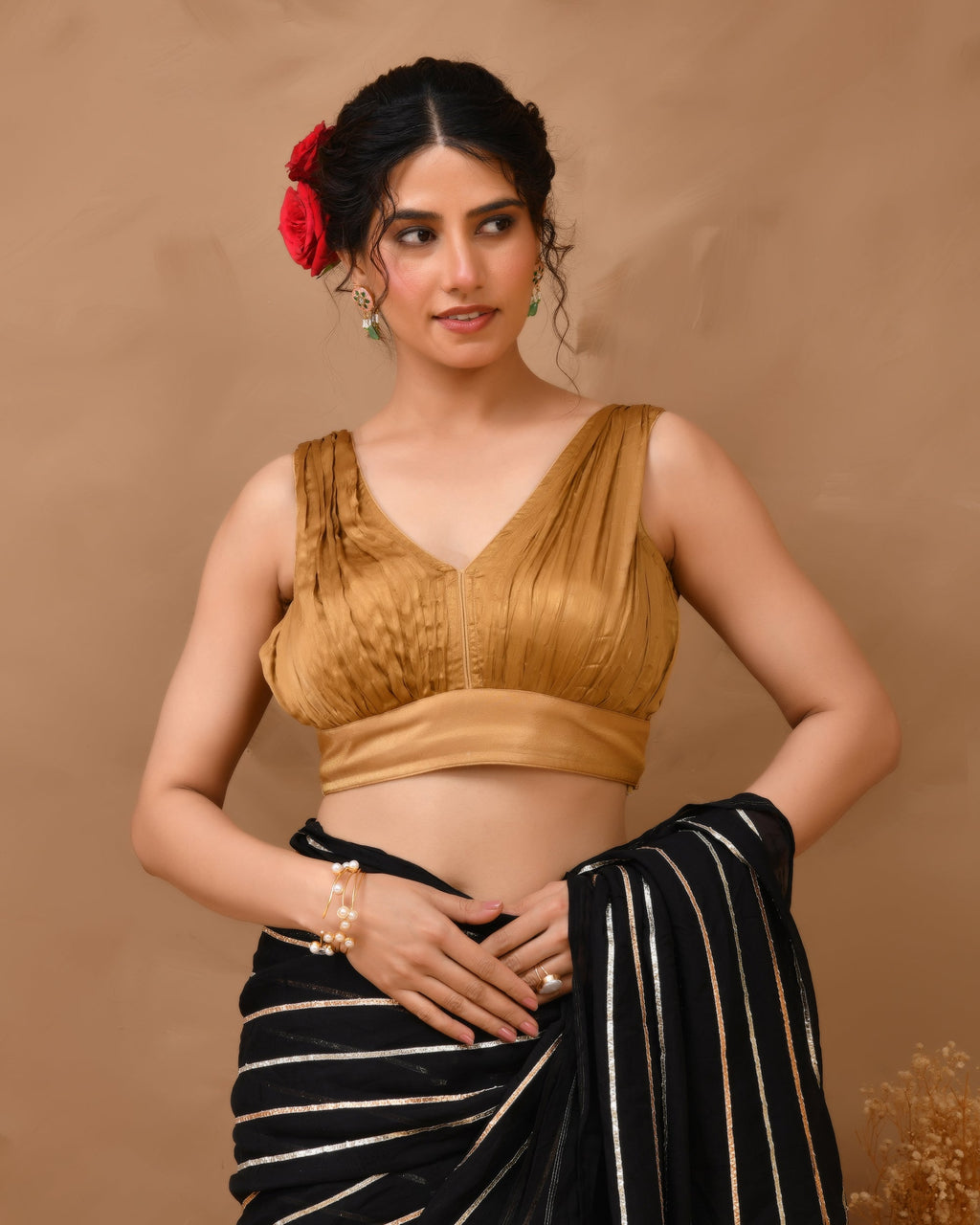 Amodini Designer Studio Women's Dark Gold V neck Wrinkled sleeveless blouse - Distacart