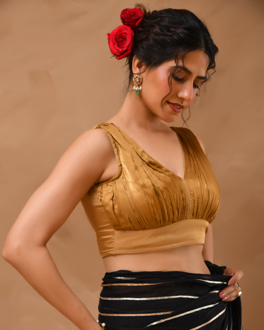 Amodini Designer Studio Women's Dark Gold V neck Wrinkled sleeveless blouse - Distacart