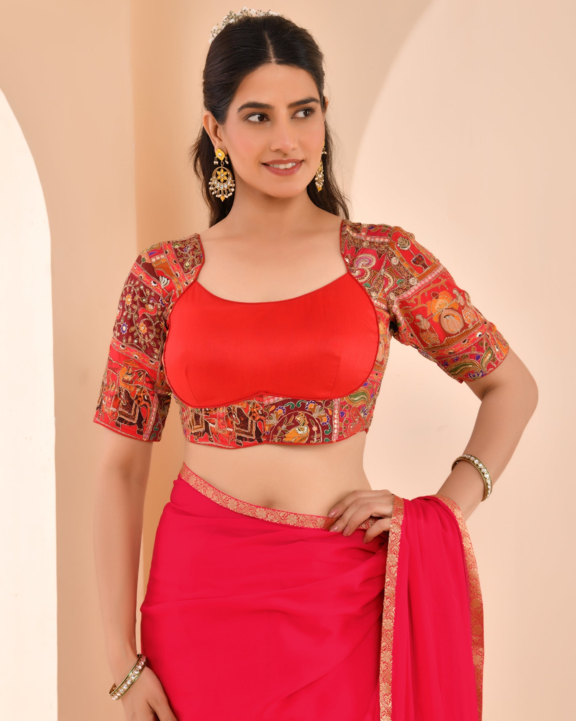 Amodini Designer Studio Women's Madhubala Style Red Blouse With Sleeves - Distacart