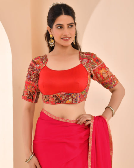 Amodini Designer Studio Women's Madhubala Style Red Blouse With Sleeves