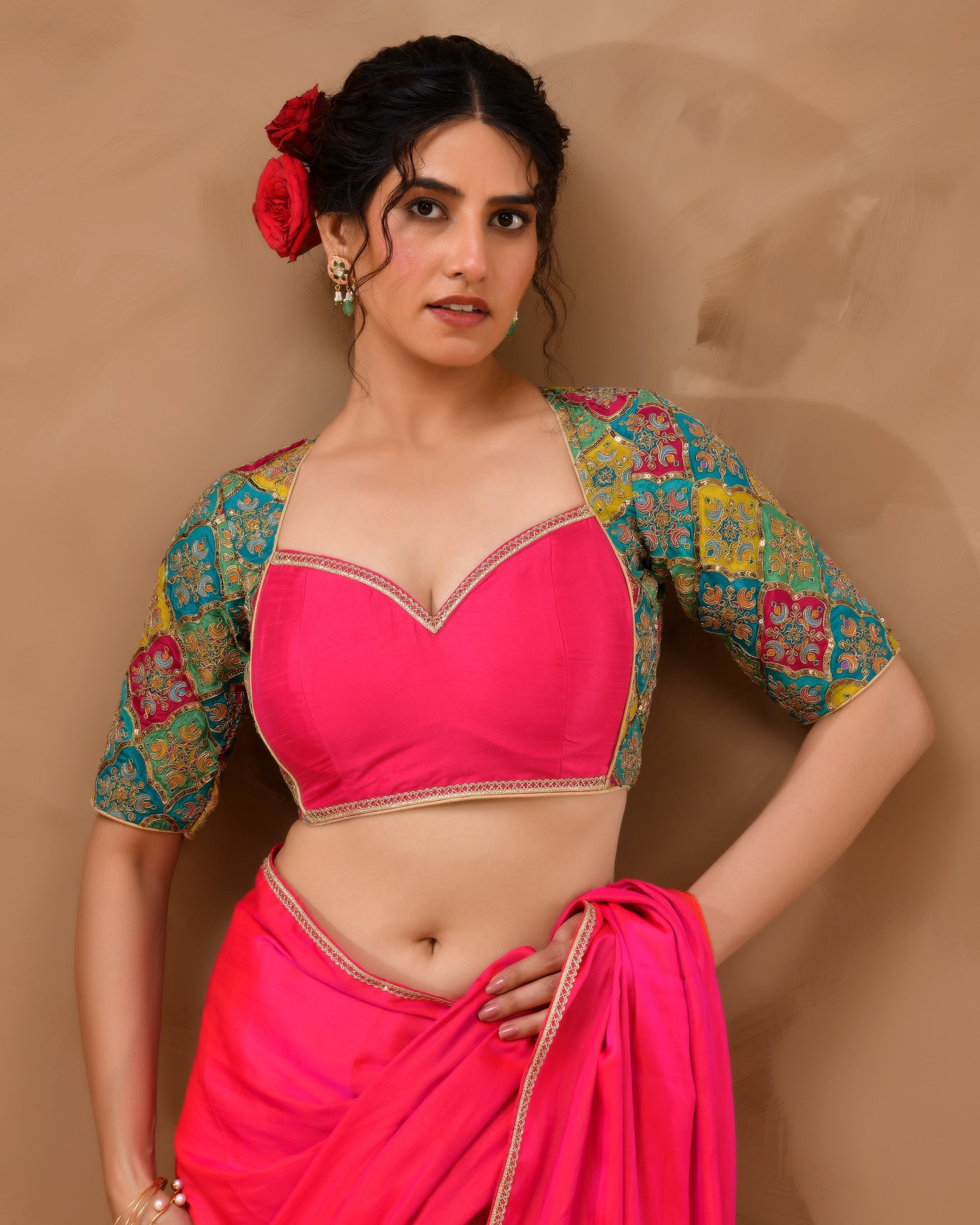 Amodini Designer Studio Women's Madhubala Style Pink Blouse With Sleeves - Distacart