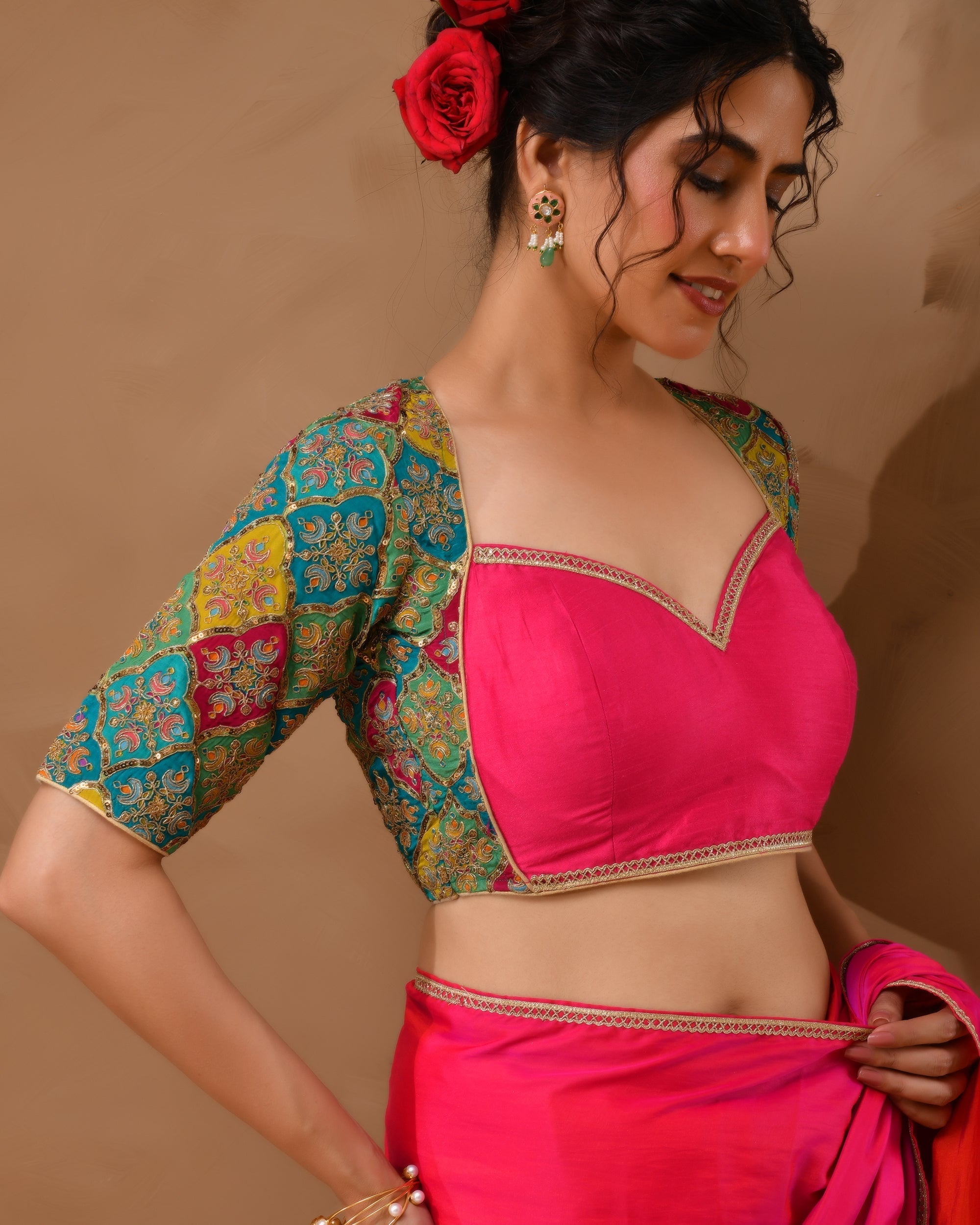 Amodini Designer Studio Women's Madhubala Style Pink Blouse With Sleeves - Distacart