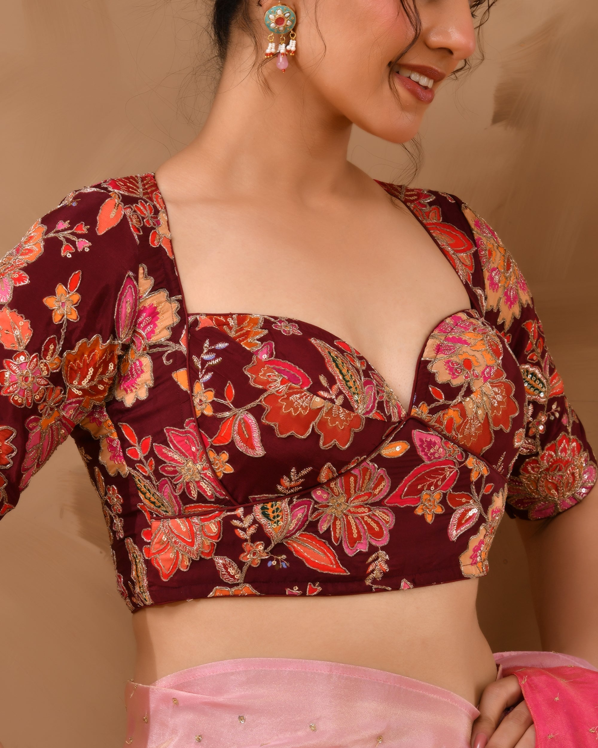 Amodini Designer Studio Women's Deep Sweetheart Neck Embroidery Burgundy Blouse With Sleeves - Distacart
