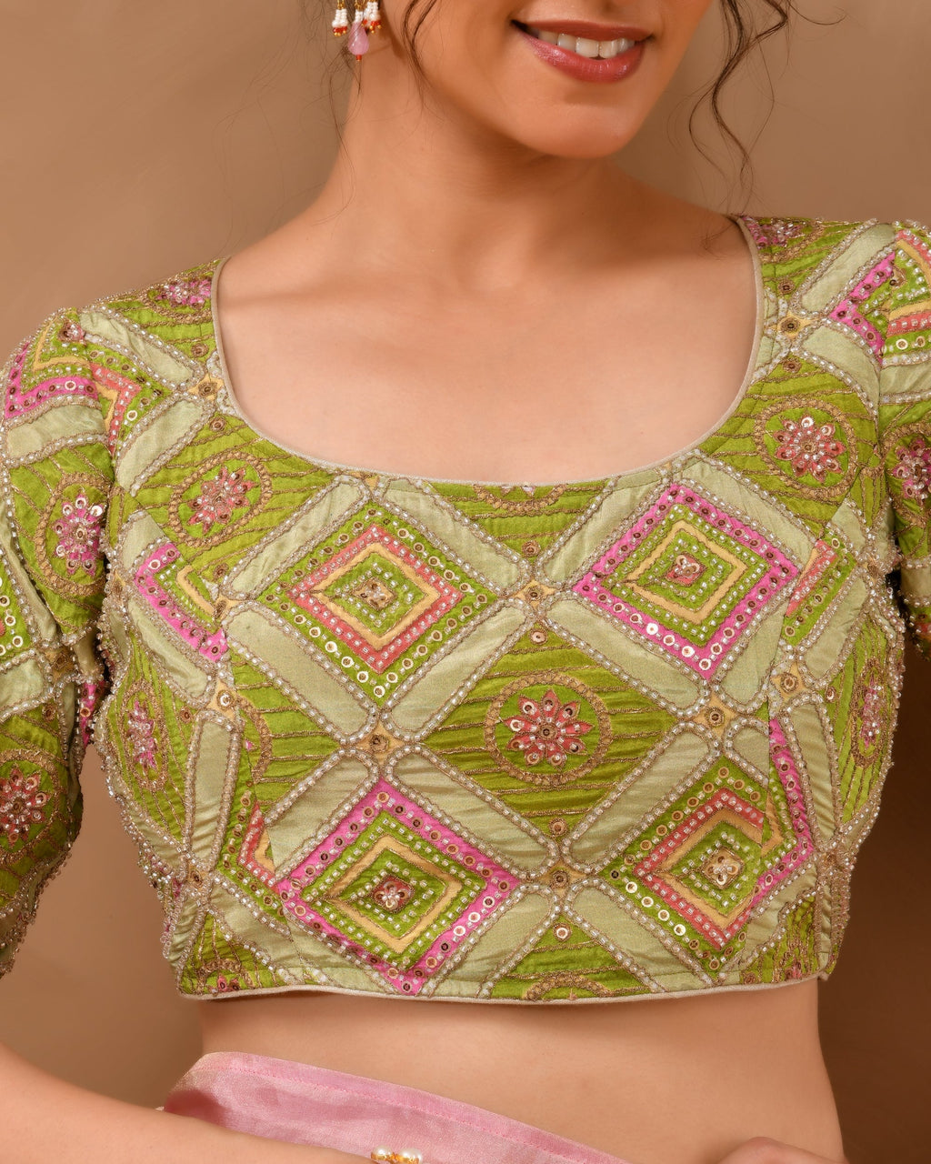 Amodini Designer Studio Women's Green Geometric Pattern Cut Dana Embroidered Blouse - Distacart
