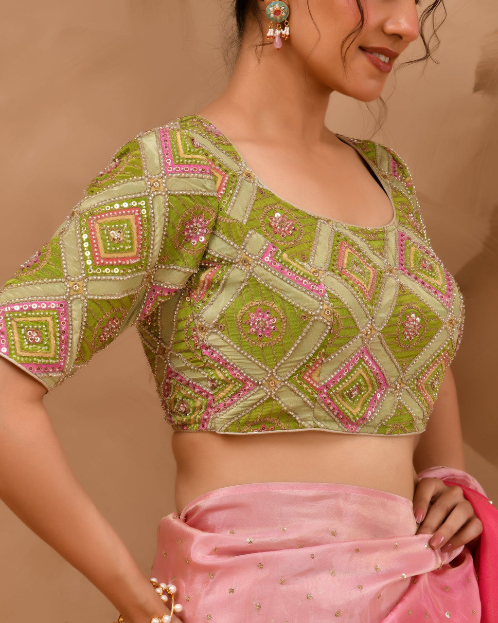 Amodini Designer Studio Women's Green Geometric Pattern Cut Dana Embroidered Blouse - Distacart