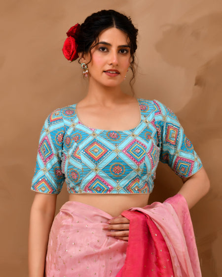 Amodini Designer Studio Women's Sky Blue Geometric Pattern Cut Dana Embroidered Blouse