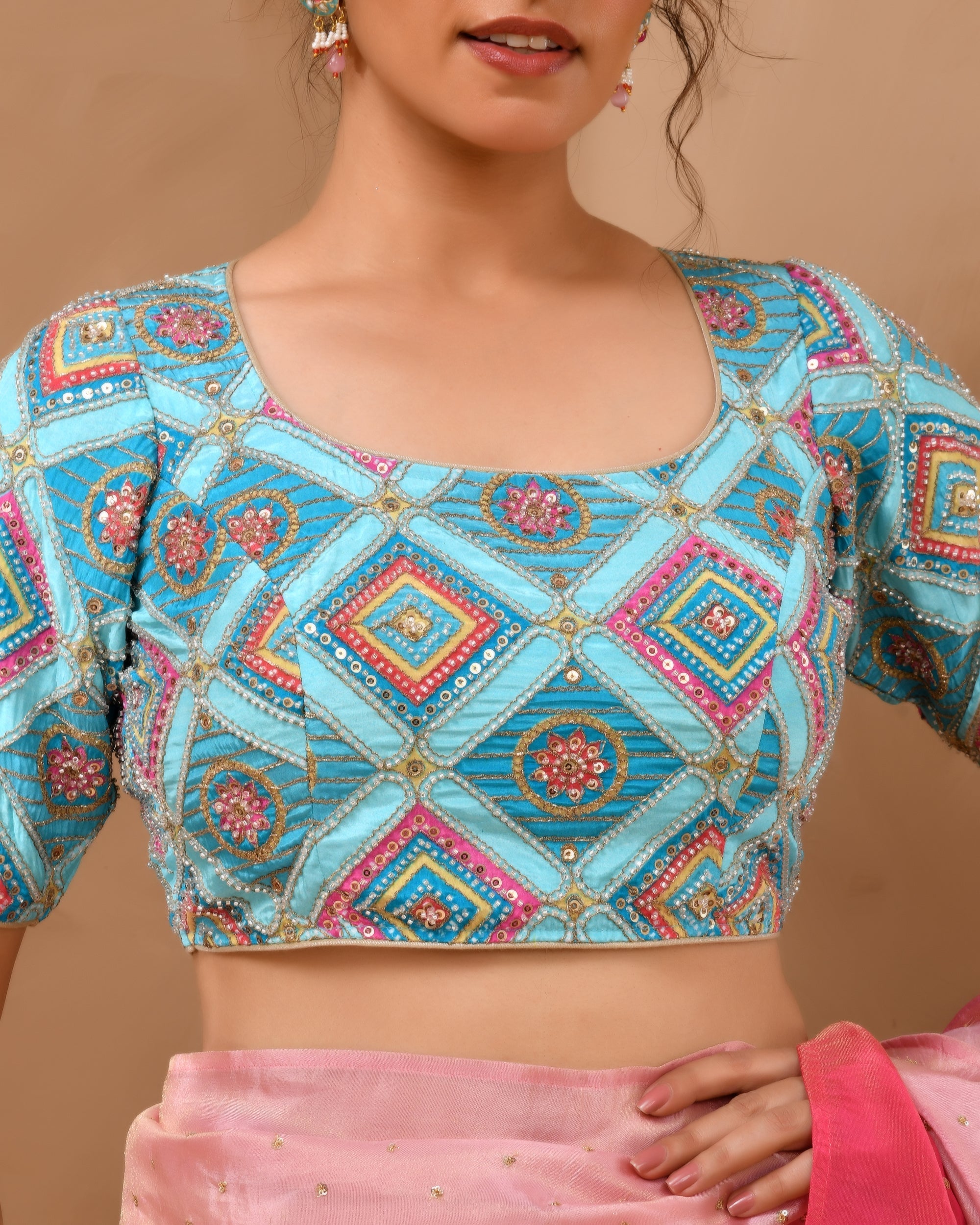 Amodini Designer Studio Women's Sky Blue Geometric Pattern Cut Dana Embroidered Blouse - Distacart
