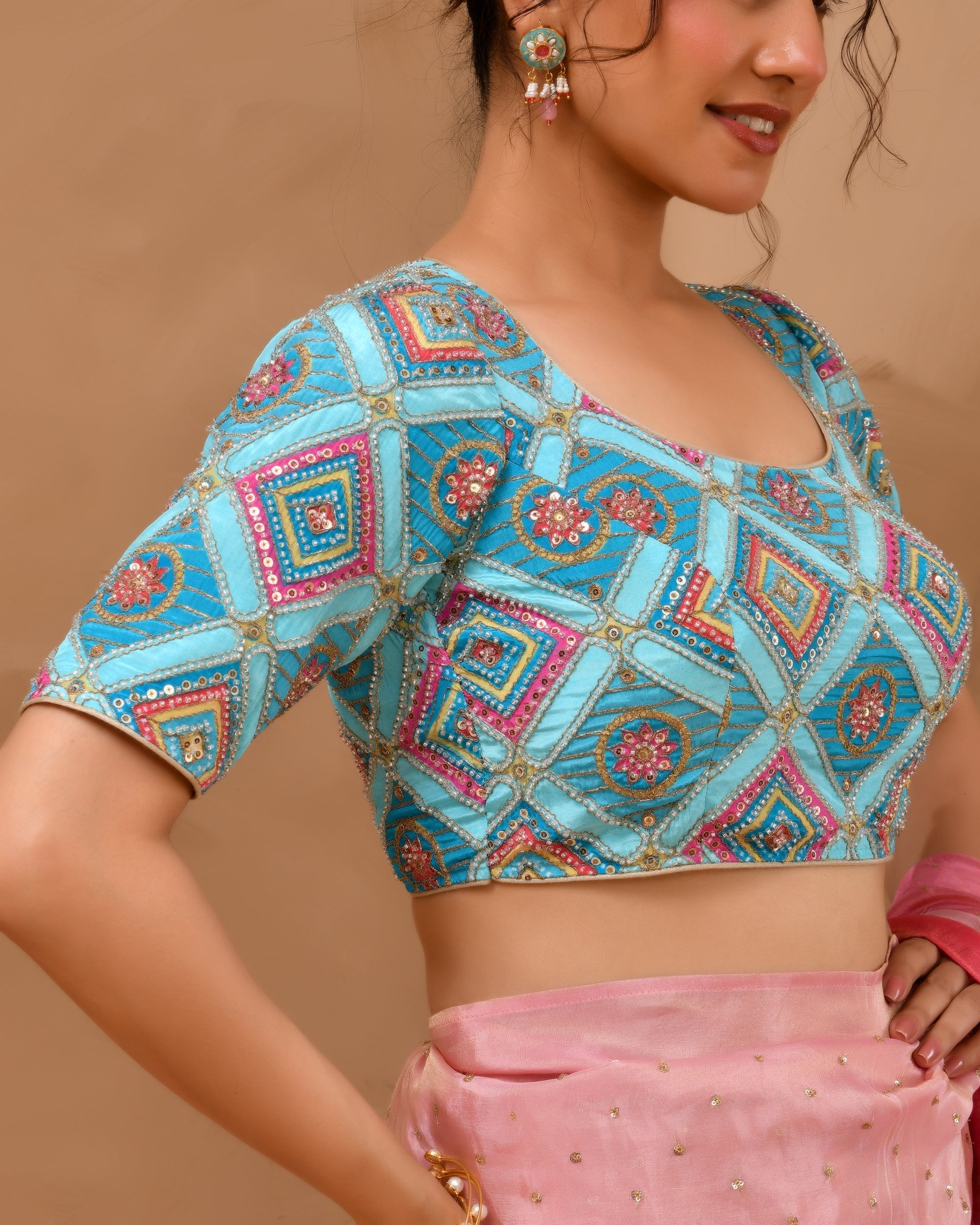 Amodini Designer Studio Women's Sky Blue Geometric Pattern Cut Dana Embroidered Blouse - Distacart