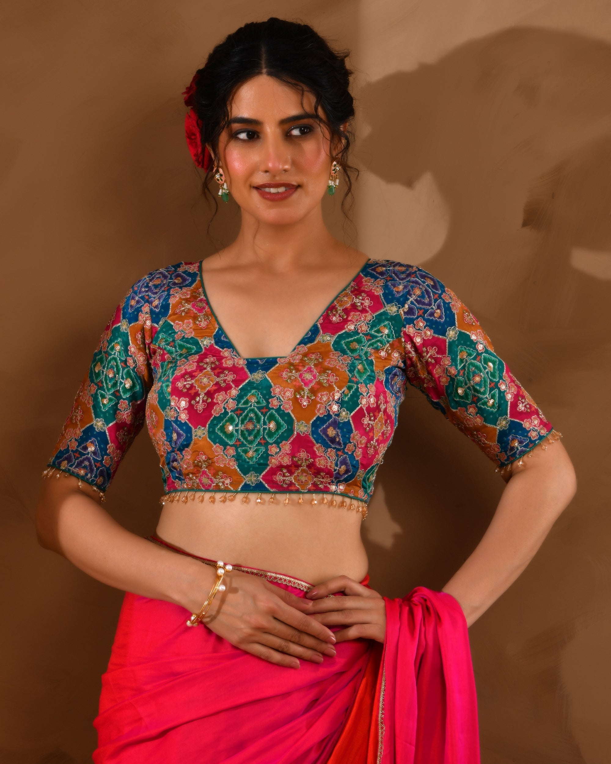 Amodini Designer Studio Women's Multicolored Zari Embroidered Glass Neck Blouse With Sleeves - Distacart